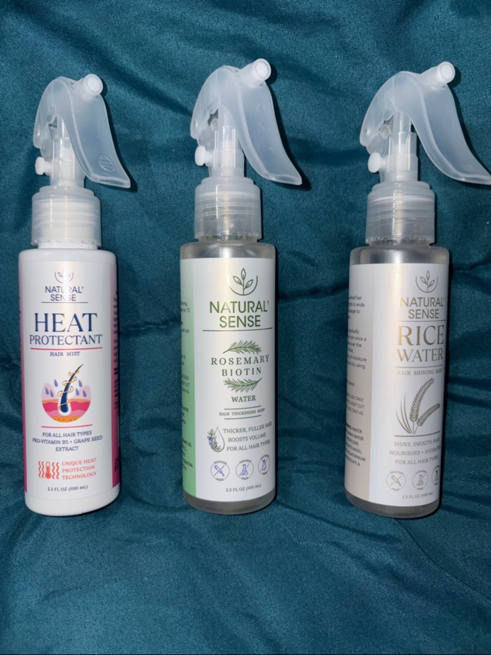 Natural Sense Hair Care Trio - Heat Protectant, Rosemary Biotin, Rice Water